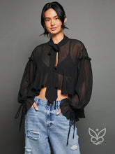Blusa Cropped Em Tule Com Manga Bufante E Amarração Frontal Preto / PP Blusa Cropped Em Tule Com Manga Bufante E