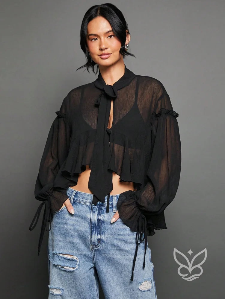Blusa Cropped Em Tule Com Manga Bufante E Amarração Frontal Preto / PP Blusa Cropped Em Tule Com Manga Bufante E
