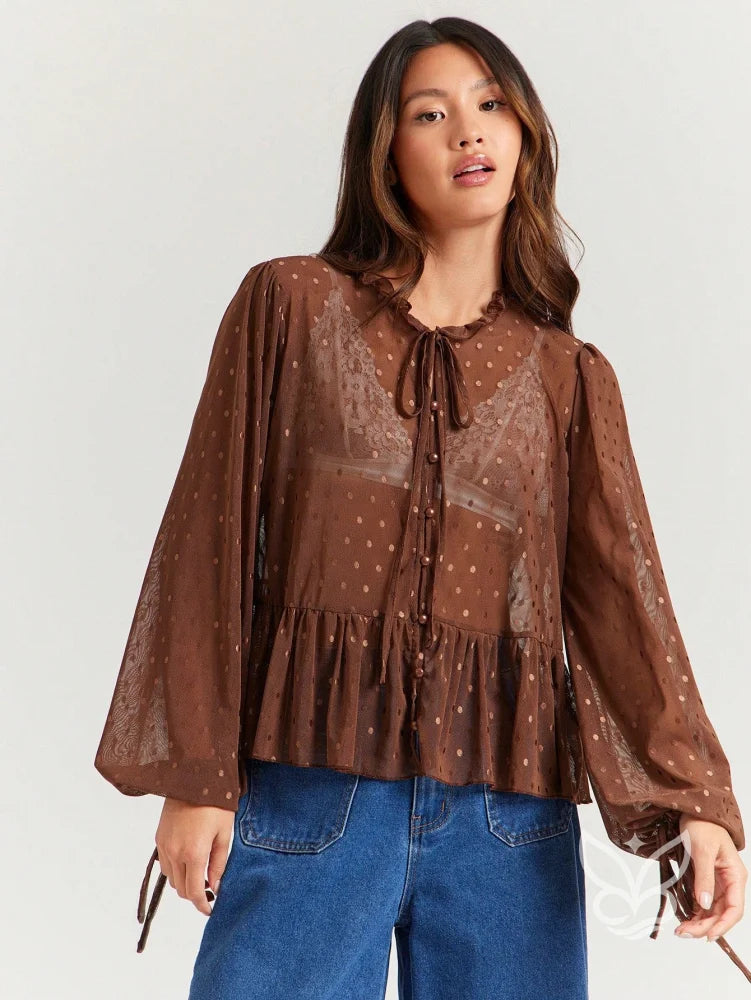 Blusa Cropped Em Tule Com Manga Longa Bufante E Amarração Blusa Cropped Em Tule Com Manga Longa Bufante E Amarração