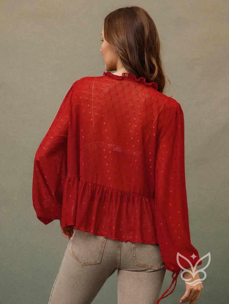 Blusa Cropped Em Tule Com Manga Longa Bufante E Amarração Blusa Cropped Em Tule Com Manga Longa Bufante E Amarração