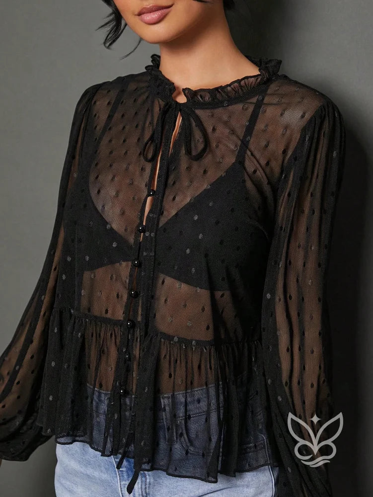 Blusa Cropped Em Tule Com Manga Longa Bufante E Amarração Blusa Cropped Em Tule Com Manga Longa Bufante E Amarração