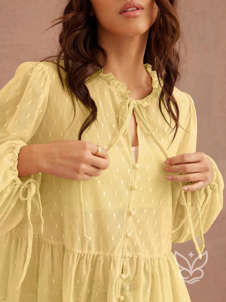 Blusa Cropped Em Tule Com Manga Longa Bufante E Amarração Blusa Cropped Em Tule Com Manga Longa Bufante E Amarração