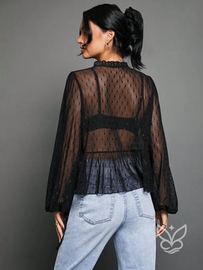 Blusa Cropped Em Tule Com Manga Longa Bufante E Amarração Blusa Cropped Em Tule Com Manga Longa Bufante E Amarração