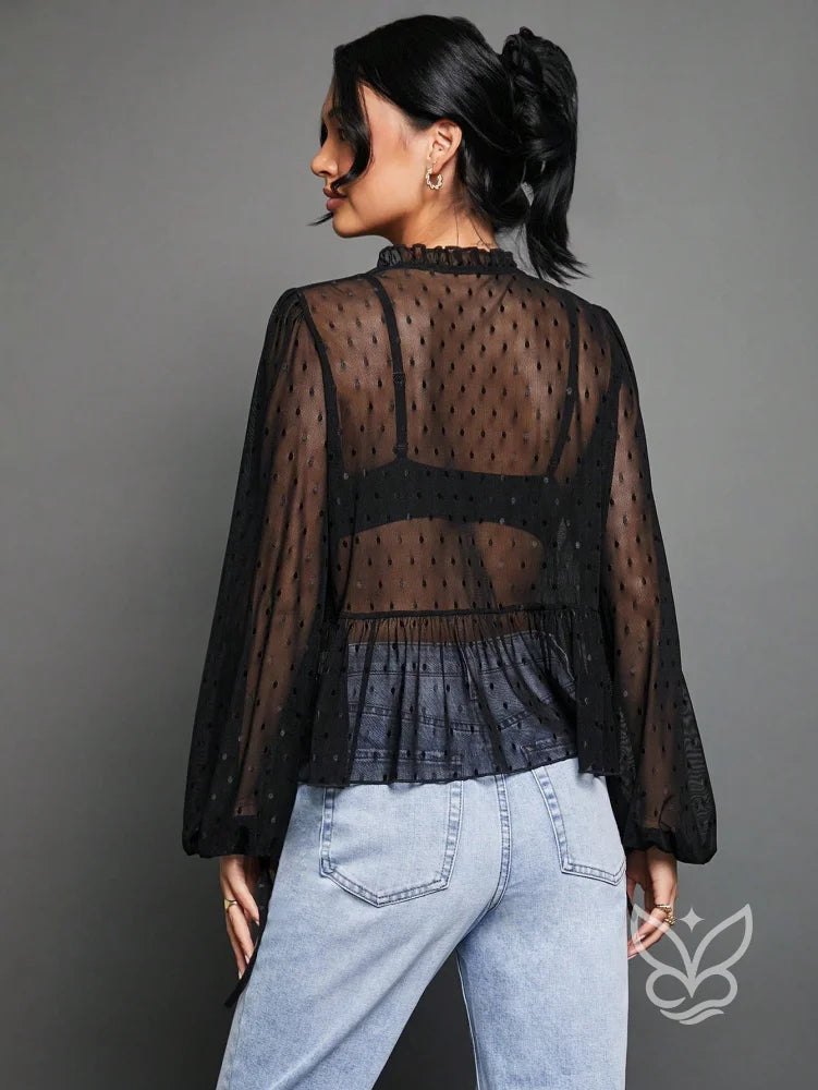 Blusa Cropped Em Tule Com Manga Longa Bufante E Amarração Blusa Cropped Em Tule Com Manga Longa Bufante E Amarração