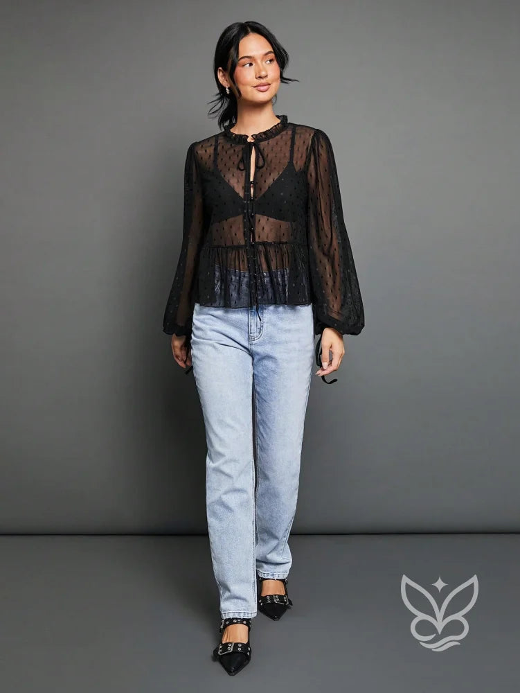 Blusa Cropped Em Tule Com Manga Longa Bufante E Amarração Blusa Cropped Em Tule Com Manga Longa Bufante E Amarração