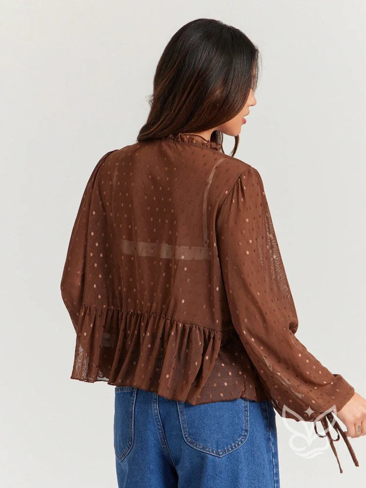Blusa Cropped Em Tule Com Manga Longa Bufante E Amarração Blusa Cropped Em Tule Com Manga Longa Bufante E Amarração