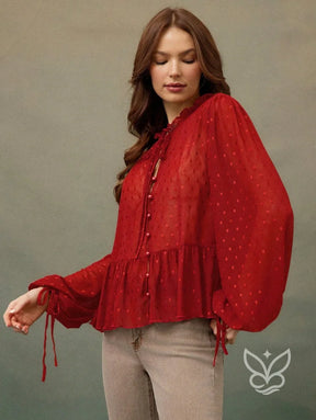 Blusa Cropped Em Tule Com Manga Longa Bufante E Amarração Blusa Cropped Em Tule Com Manga Longa Bufante E Amarração