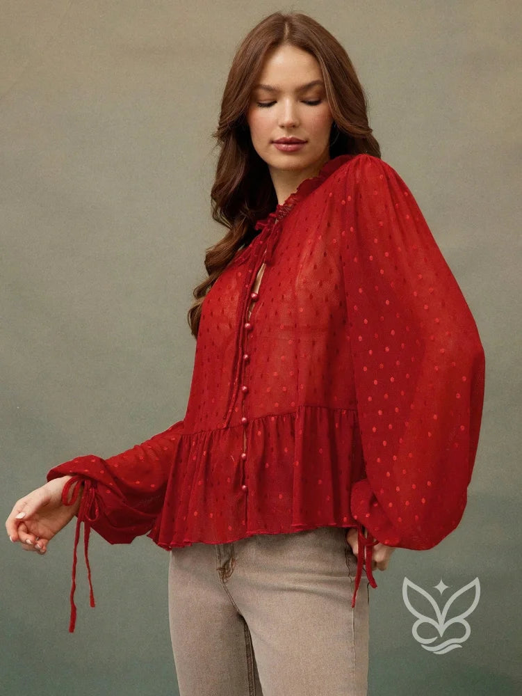 Blusa Cropped Em Tule Com Manga Longa Bufante E Amarração Blusa Cropped Em Tule Com Manga Longa Bufante E Amarração