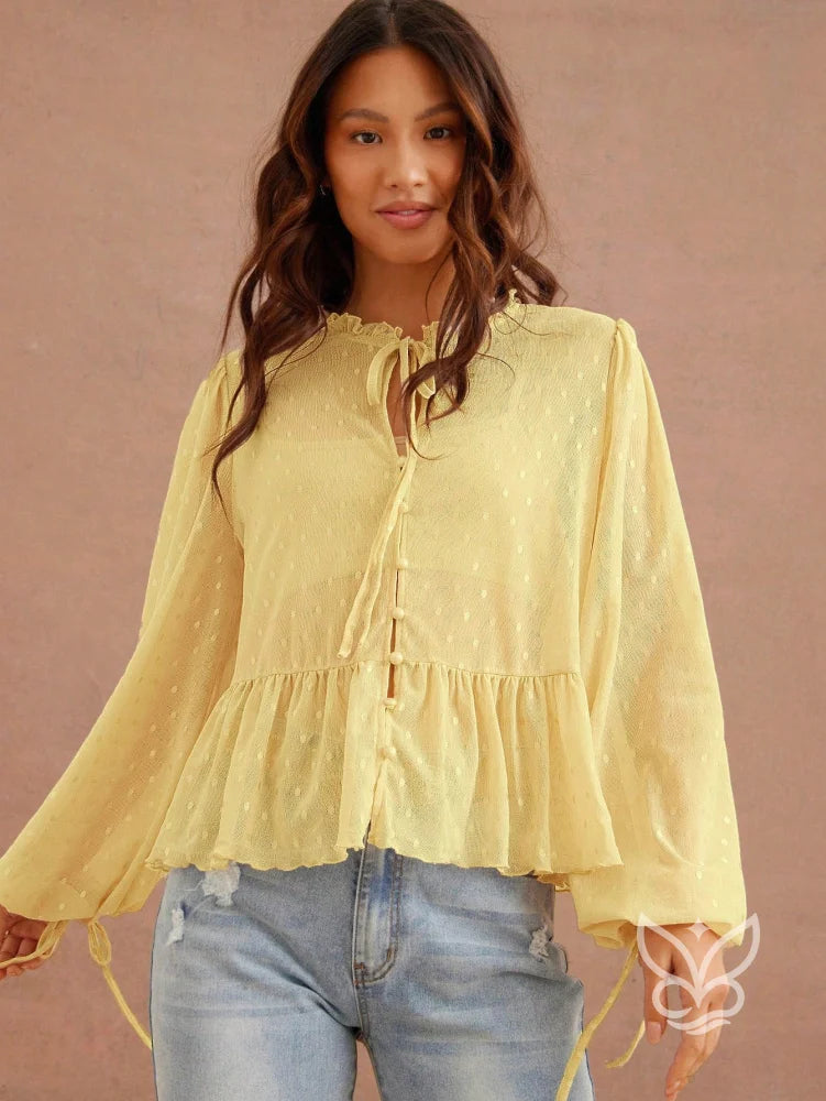 Blusa Cropped Em Tule Com Manga Longa Bufante E Amarração Amarela / PP Blusa Cropped Em Tule Com Manga Longa Bufante E
