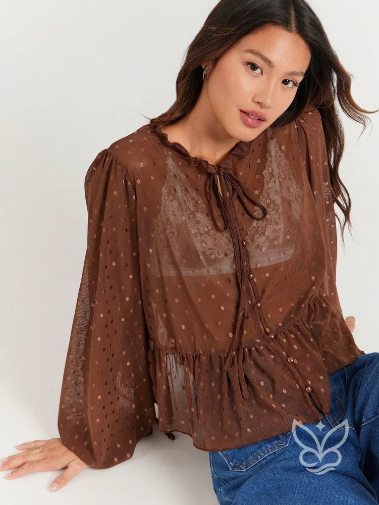 Blusa Cropped Em Tule Com Manga Longa Bufante E Amarração Castanho / PP Blusa Cropped Em Tule Com Manga Longa Bufante E