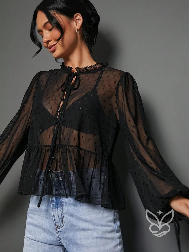 Blusa Cropped Em Tule Com Manga Longa Bufante E Amarração Preto / PP Blusa Cropped Em Tule Com Manga Longa Bufante E