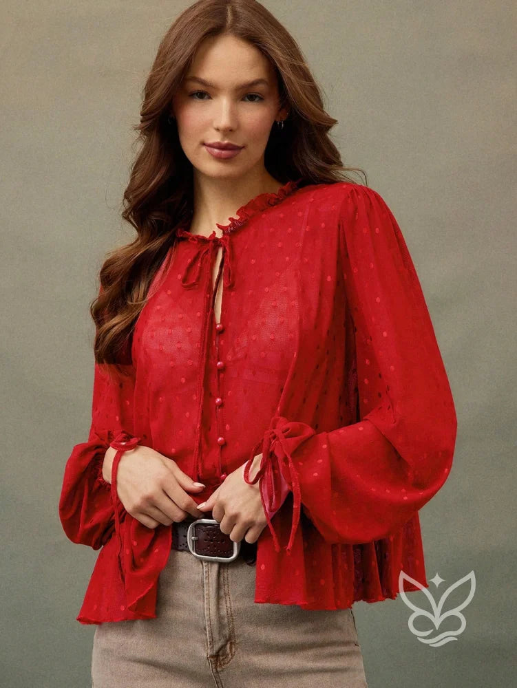 Blusa Cropped Em Tule Com Manga Longa Bufante E Amarração Vermelho / PP Blusa Cropped Em Tule Com Manga Longa Bufante E