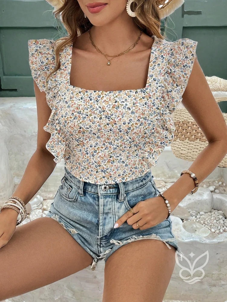 Blusa Cropped Floral Com Babados E Decote Quadrado Blusa Cropped Floral Com Babados E Decote Quadrado