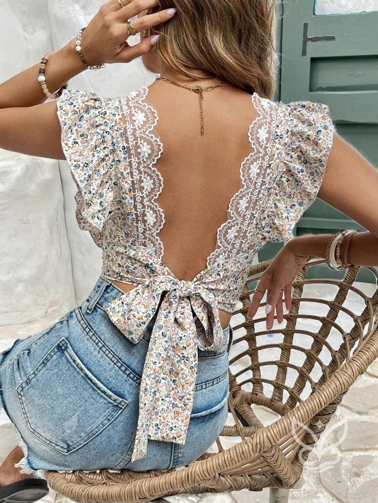 Blusa Cropped Floral Com Babados E Decote Quadrado Floral / PP Blusa Cropped Floral Com Babados E Decote Quadrado