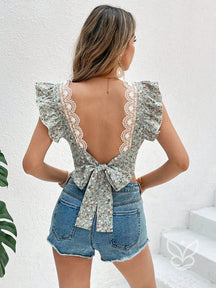 Blusa Cropped Floral Com Babados E Decote Quadrado Verde / PP Blusa Cropped Floral Com Babados E Decote Quadrado