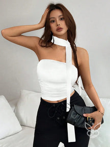 Blusa Cropped Frente Única Com Gola Alta E Amarração Longa Branco / PP Blusa Cropped Frente Única Com Gola Alta E