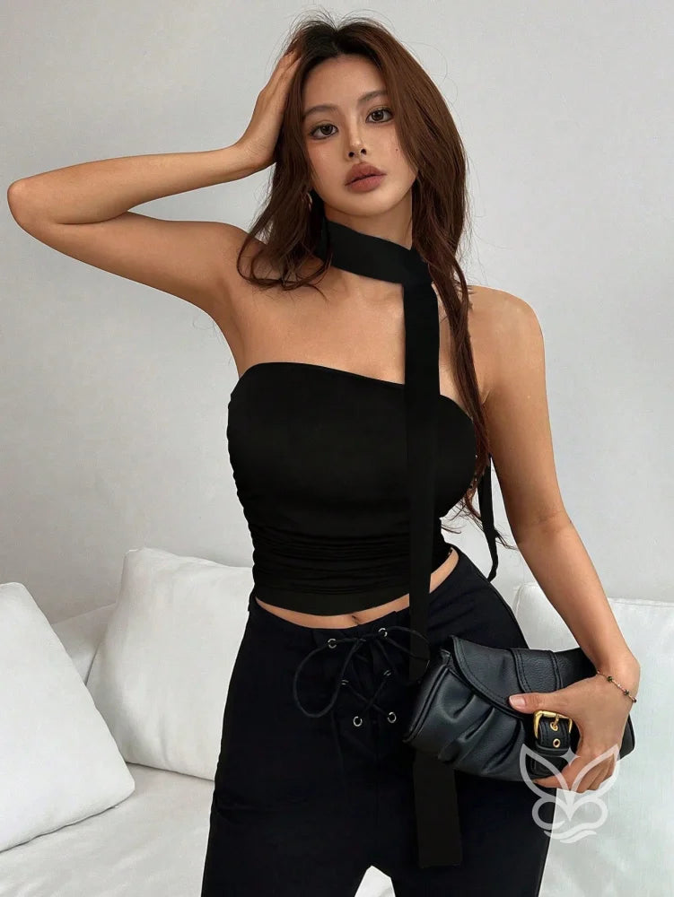 Blusa Cropped Frente Única Com Gola Alta E Amarração Longa Preto / PP Blusa Cropped Frente Única Com Gola Alta E