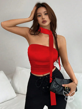 Blusa Cropped Frente Única Com Gola Alta E Amarração Longa Vermelho / PP Blusa Cropped Frente Única Com Gola Alta E