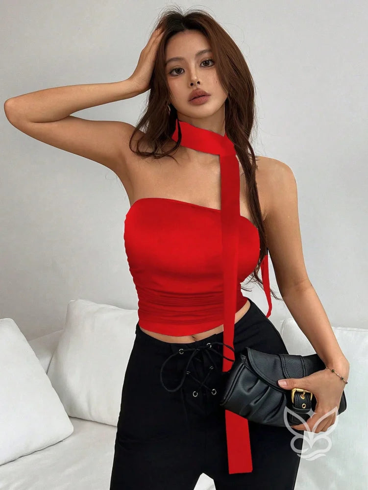 Blusa Cropped Frente Única Com Gola Alta E Amarração Longa Vermelho / PP Blusa Cropped Frente Única Com Gola Alta E