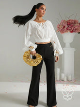 Blusa Cropped Manga Longa Amarração No Decote E Punho Bufante Branco / PP Blusa Cropped Manga Longa Amarração No Decote