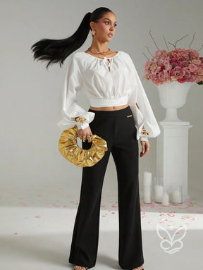 Blusa Cropped Manga Longa Amarração No Decote E Punho Bufante Branco / PP Blusa Cropped Manga Longa Amarração No Decote