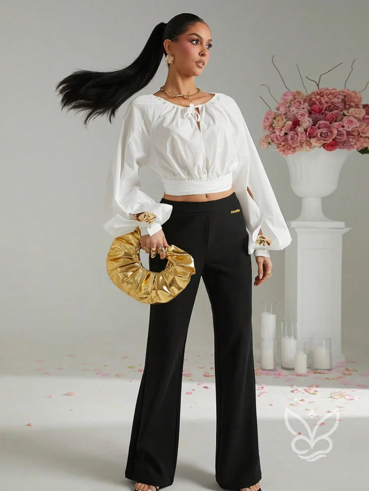 Blusa Cropped Manga Longa Amarração No Decote E Punho Bufante Branco / PP Blusa Cropped Manga Longa Amarração No Decote