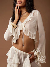 Blusa Cropped Manga Longa Com Babados E Amarração Frontal Branco / PP Blusa Cropped Manga Longa Com Babados E Amarração