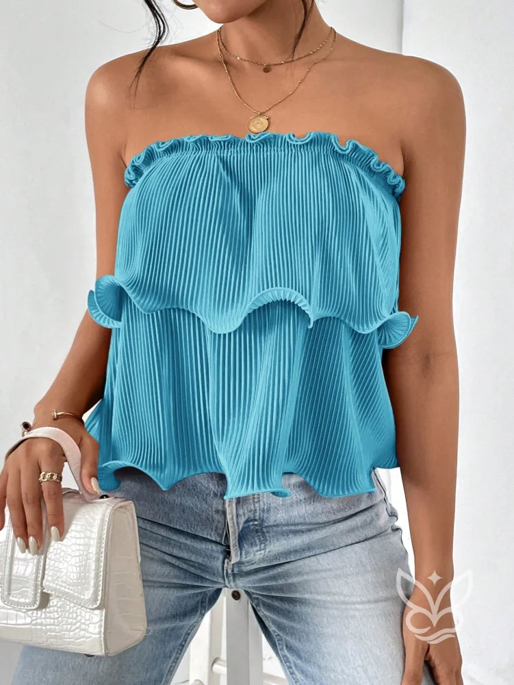 Blusa Cropped Tomara Que Caia Com Babados E Caimento Simples Azul Petróleo / PP Blusa Cropped Tomara Que Caia Com