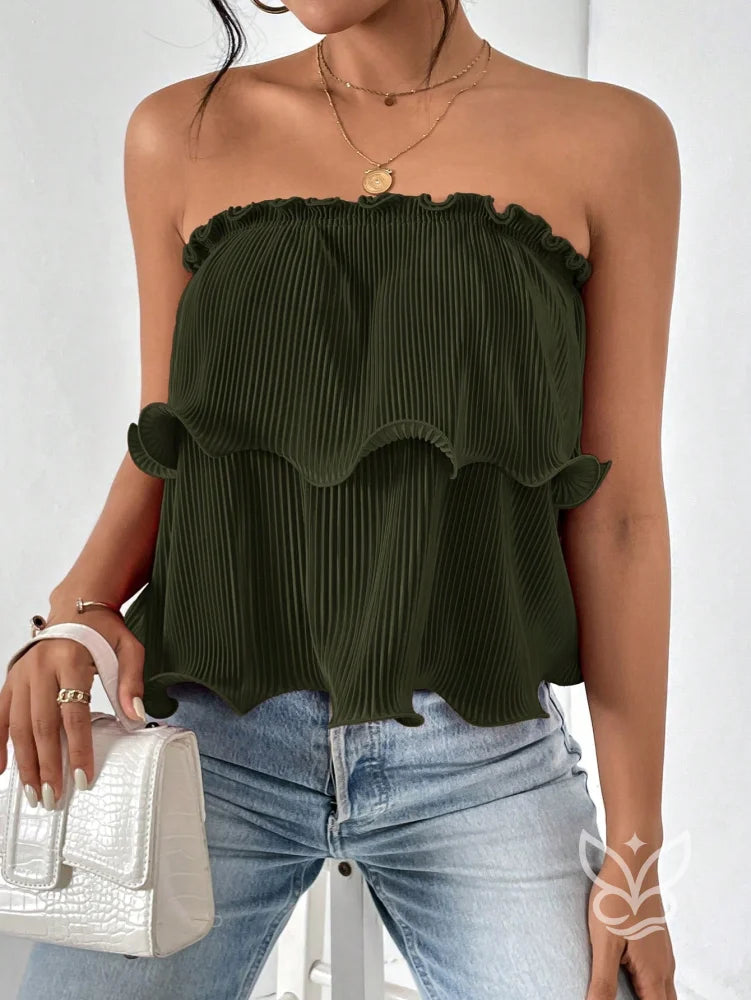Blusa Cropped Tomara Que Caia Com Babados E Caimento Simples Verde Oliva / PP Blusa Cropped Tomara Que Caia Com Babados