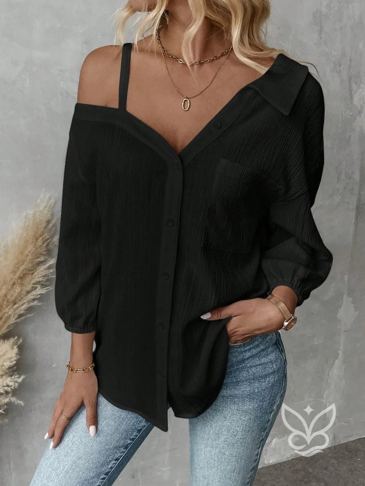 Blusa de Botão com Caimento Solto e Alça Fina Preto / PP Blusa de Botão com Caimento Solto e Alça Fina