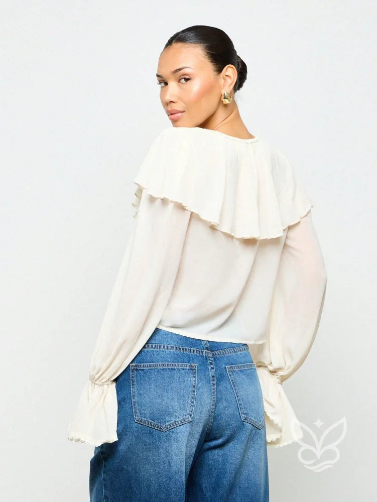 Blusa De Chiffon Com Manga Longa Decote V E Babados Frontais Blusa De Chiffon Com Manga Longa Decote V E Babados