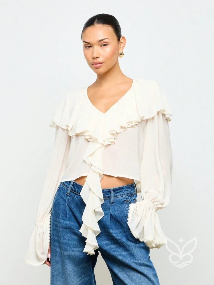 Blusa De Chiffon Com Manga Longa Decote V E Babados Frontais Branco / PP Blusa De Chiffon Com Manga Longa Decote V E