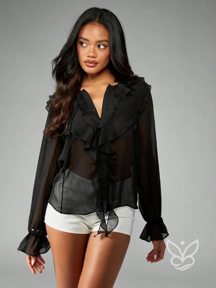 Blusa De Chiffon Transparente Com Babados E Botões Frontais Blusa De Chiffon Transparente Com Babados E Botões Frontais