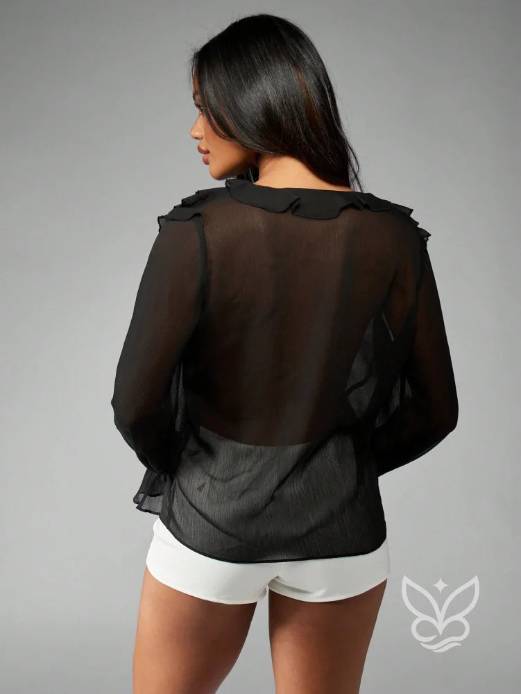 Blusa De Chiffon Transparente Com Babados E Botões Frontais Blusa De Chiffon Transparente Com Babados E Botões Frontais