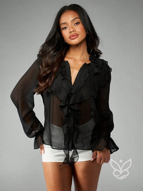Blusa De Chiffon Transparente Com Babados E Botões Frontais Blusa De Chiffon Transparente Com Babados E Botões Frontais