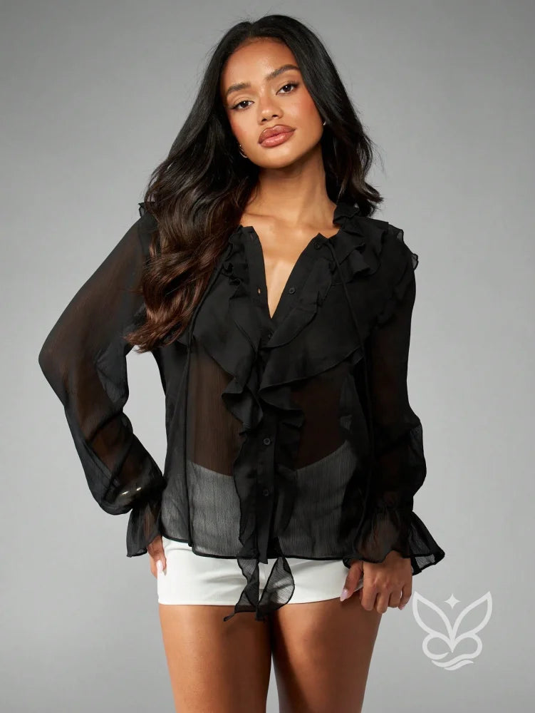 Blusa De Chiffon Transparente Com Babados E Botões Frontais Blusa De Chiffon Transparente Com Babados E Botões Frontais
