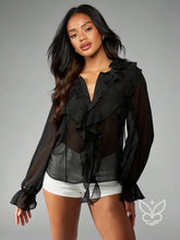 Blusa De Chiffon Transparente Com Babados E Botões Frontais Preto / PP Blusa De Chiffon Transparente Com Babados E
