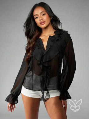 Blusa De Chiffon Transparente Com Babados E Botões Frontais Preto / PP Blusa De Chiffon Transparente Com Babados E