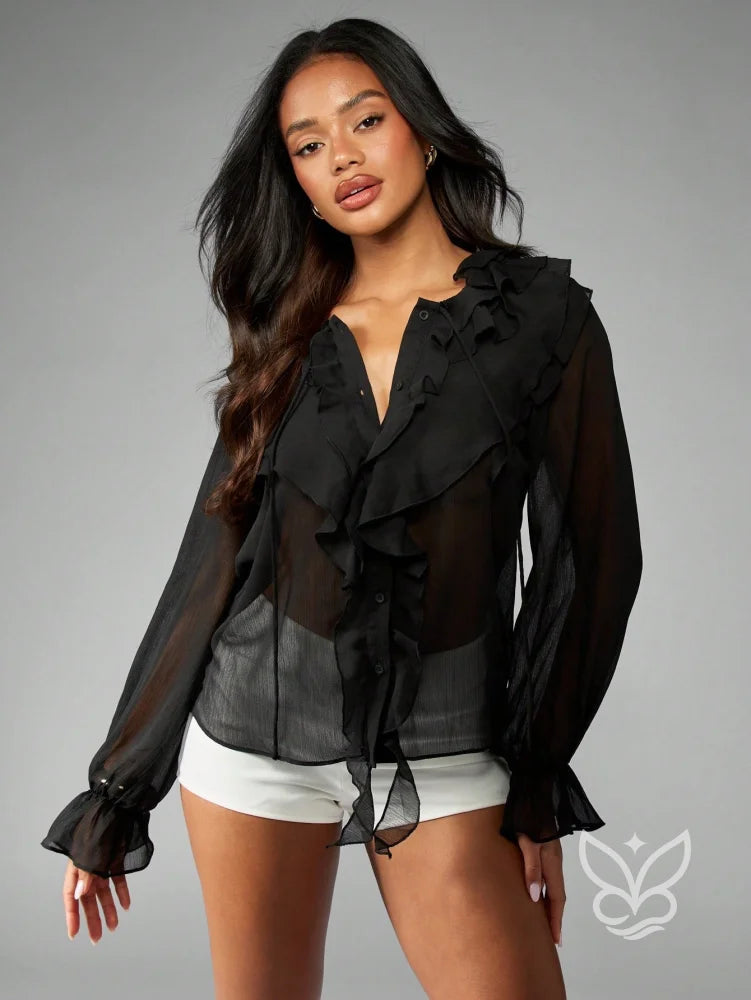 Blusa De Chiffon Transparente Com Babados E Botões Frontais Preto / PP Blusa De Chiffon Transparente Com Babados E