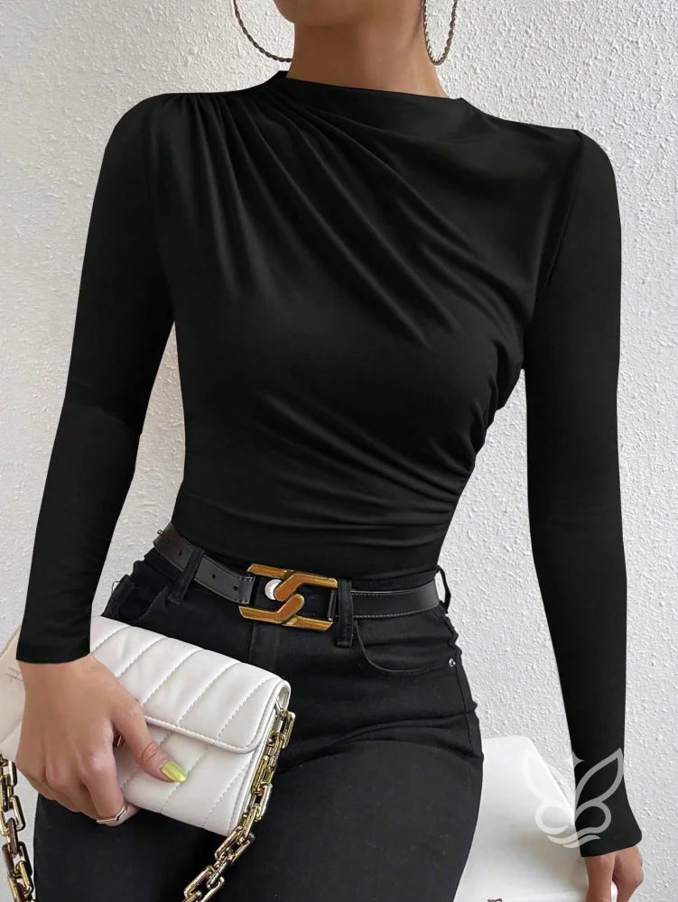 Blusa de Manga Longa com Drapeado Lateral Preto / P Blusa de Manga Longa com Drapeado Lateral