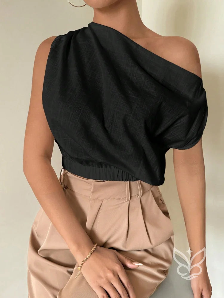 Blusa de Um Ombro com Caimento Solto e Elegante Preto / PP Blusa de Um Ombro com Caimento Solto e Elegante
