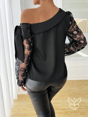 Blusa De Um Ombro Só Com Manga Bufante Em Tule Bordado Blusa De Um Ombro Só Com Manga Bufante Em Tule Bordado