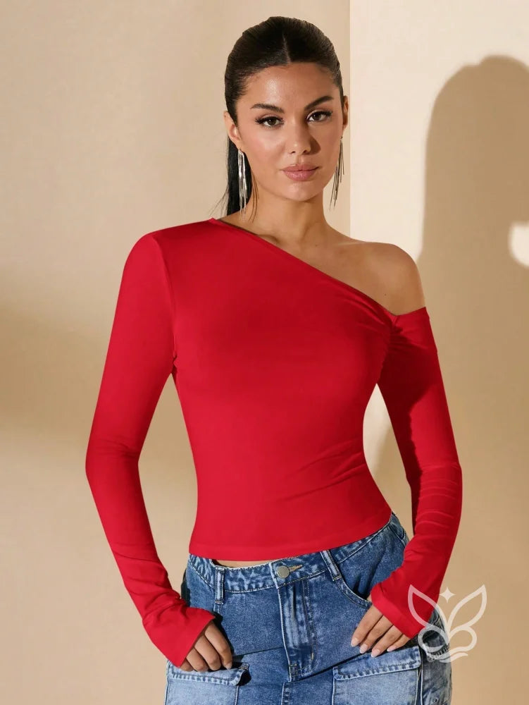 Blusa de Um Ombro Só com Manga Longa Justa Blusa de Um Ombro Só com Manga Longa Justa