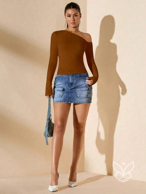 Blusa de Um Ombro Só com Manga Longa Justa Blusa de Um Ombro Só com Manga Longa Justa