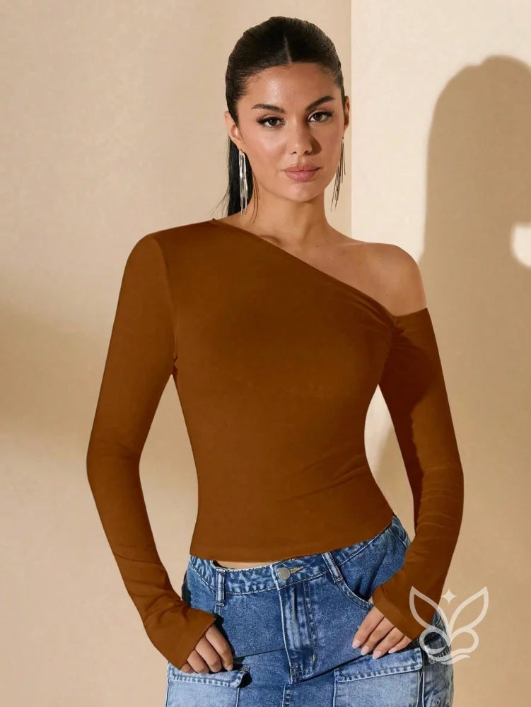 Blusa de Um Ombro Só com Manga Longa Justa Marrom Claro / P Blusa de Um Ombro Só com Manga Longa Justa