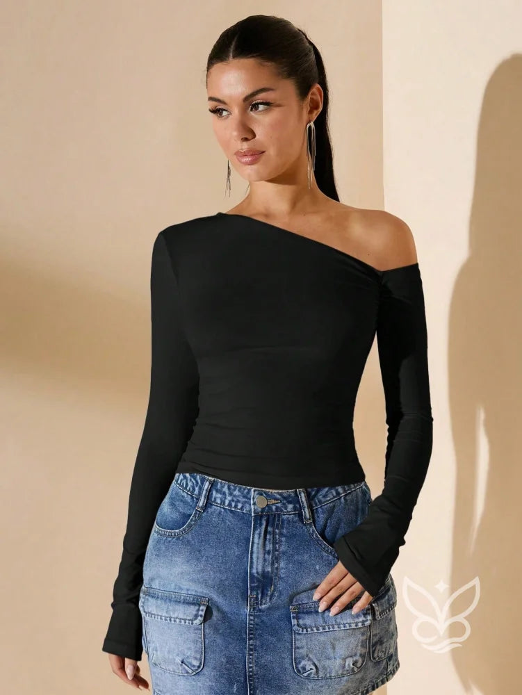 Blusa de Um Ombro Só com Manga Longa Justa Preto / P Blusa de Um Ombro Só com Manga Longa Justa