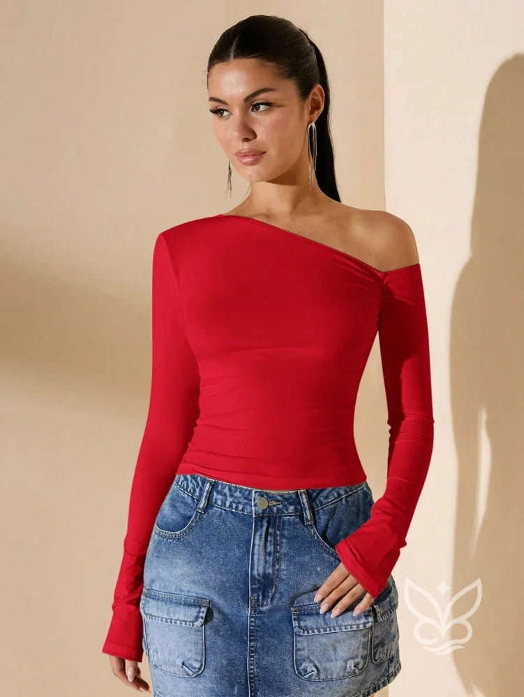 Blusa de Um Ombro Só com Manga Longa Justa Vermelho / P Blusa de Um Ombro Só com Manga Longa Justa