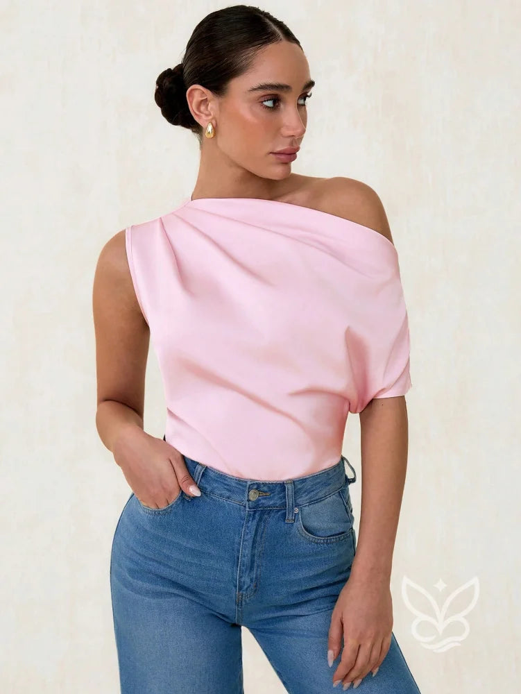 Blusa De Um Ombro Só Em Cetim Com Caimento Assimétrico Rosa / PP Blusa De Um Ombro Só Em Cetim Com Caimento Assimétrico