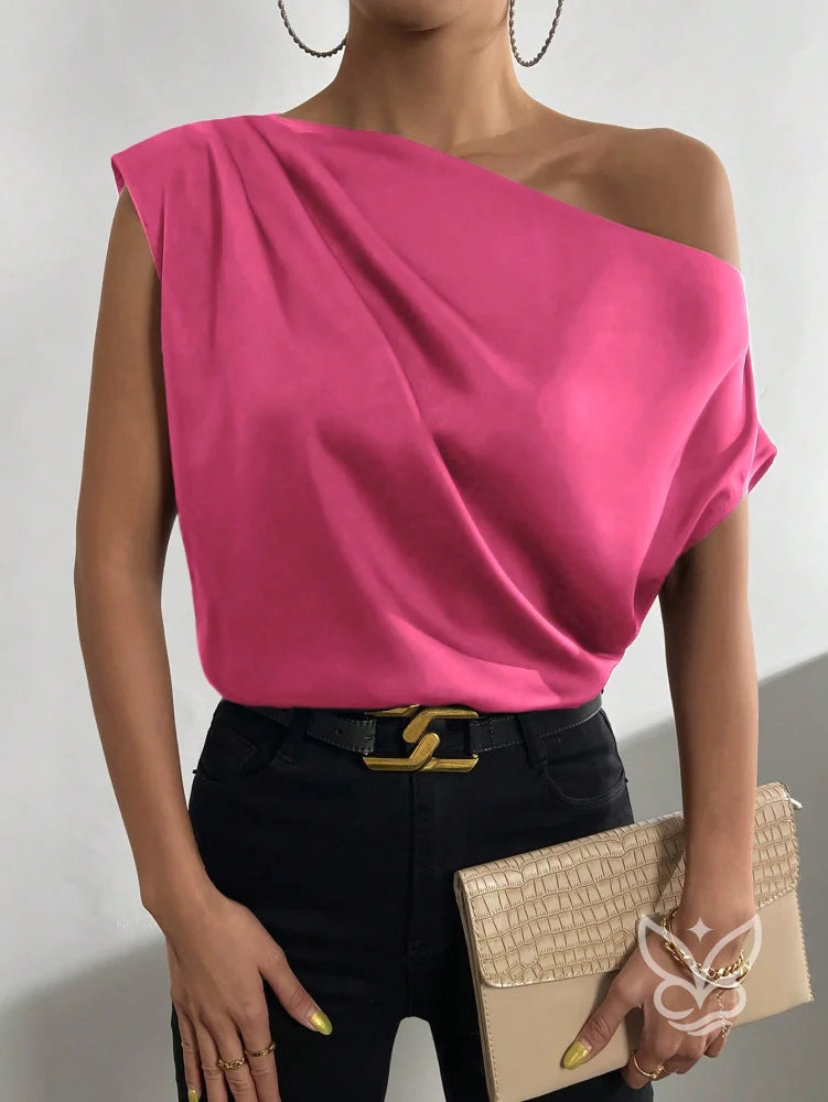 Blusa De Um Ombro Só Em Cetim Com Drapeado Moderno Blusa De Um Ombro Só Em Cetim Com Drapeado Moderno