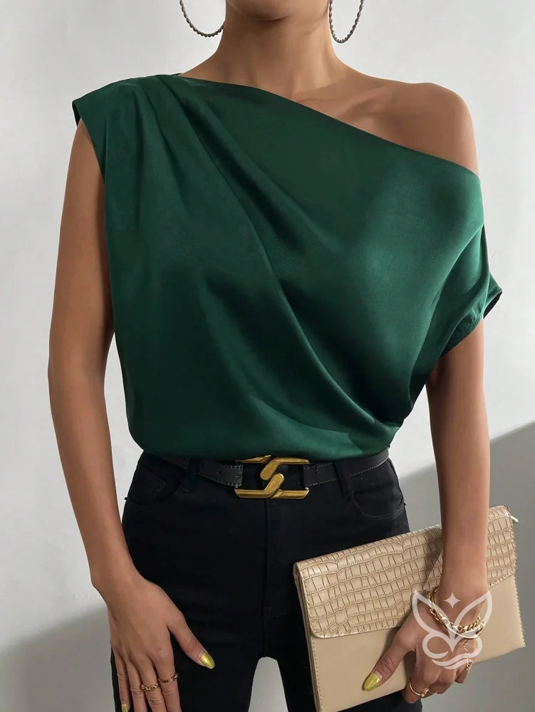 Blusa De Um Ombro Só Em Cetim Com Drapeado Moderno Verde Escuro / PP Blusa De Um Ombro Só Em Cetim Com Drapeado Moderno